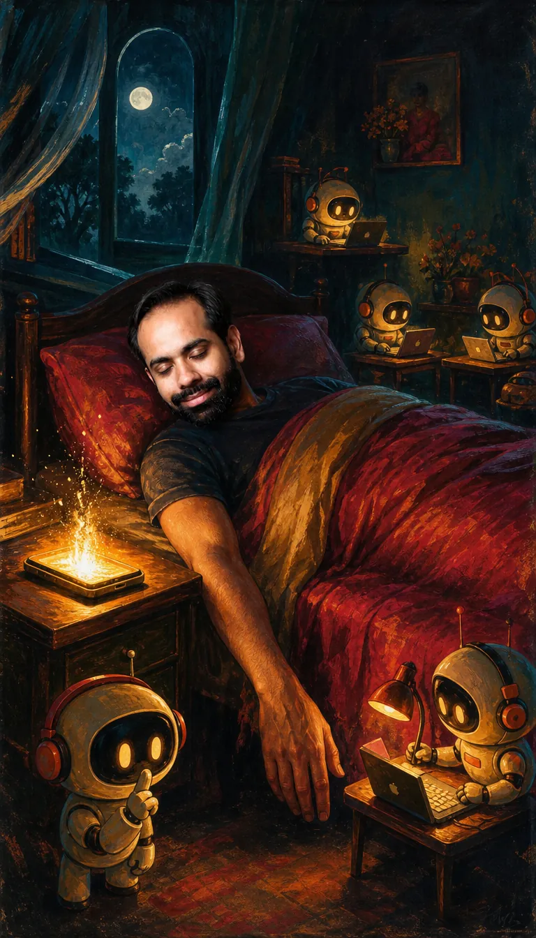 Painting: Gaurav sleeps peacefully while a team of small friendly robots works the night shift at tiny desks around his bed.