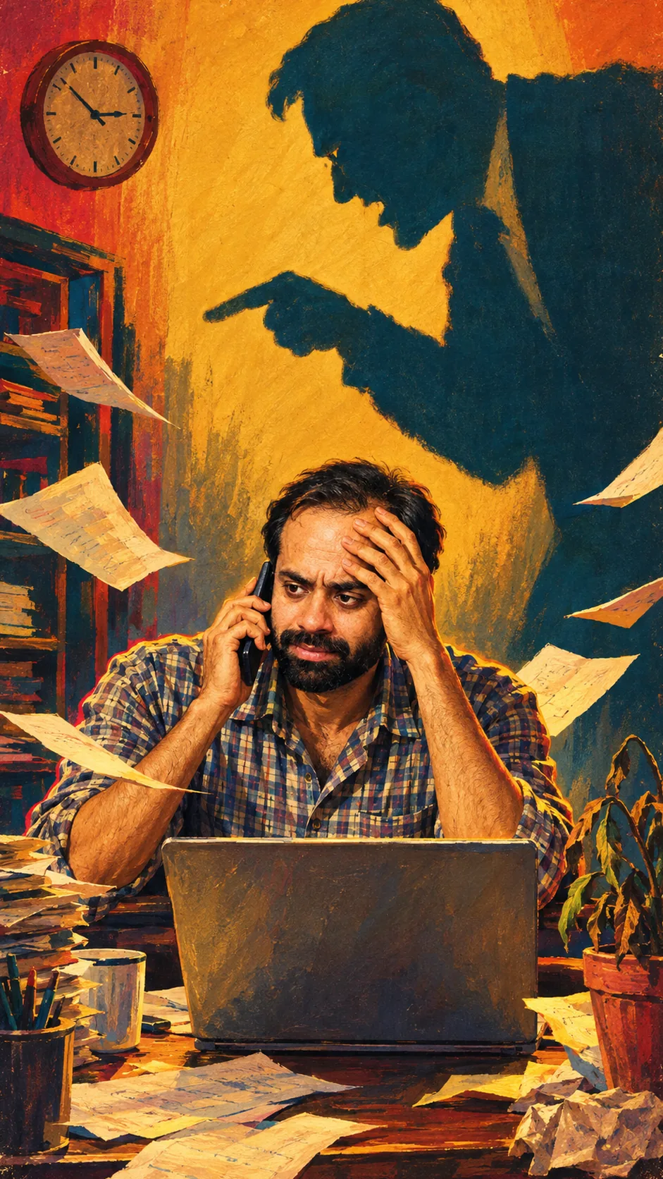 Painting: Gaurav in a checked shirt holds a phone to his ear and his forehead in his hand, while the giant shadow of a pointing client looms on the wall behind him.