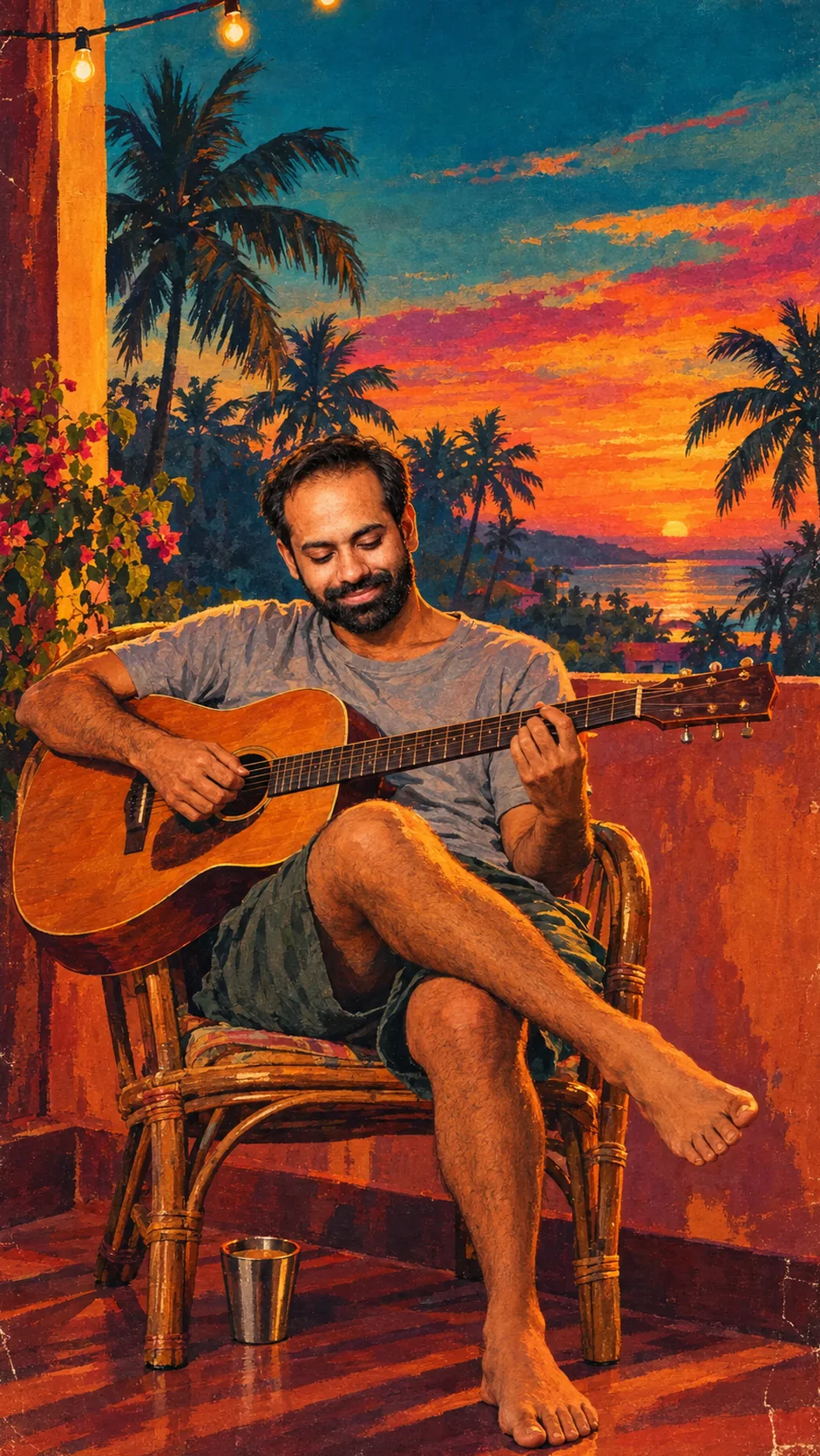 Painting: Gaurav, barefoot in a faded T-shirt and shorts, plays an acoustic guitar on a balcony at dusk, palm trees and a string of bulbs behind him.
