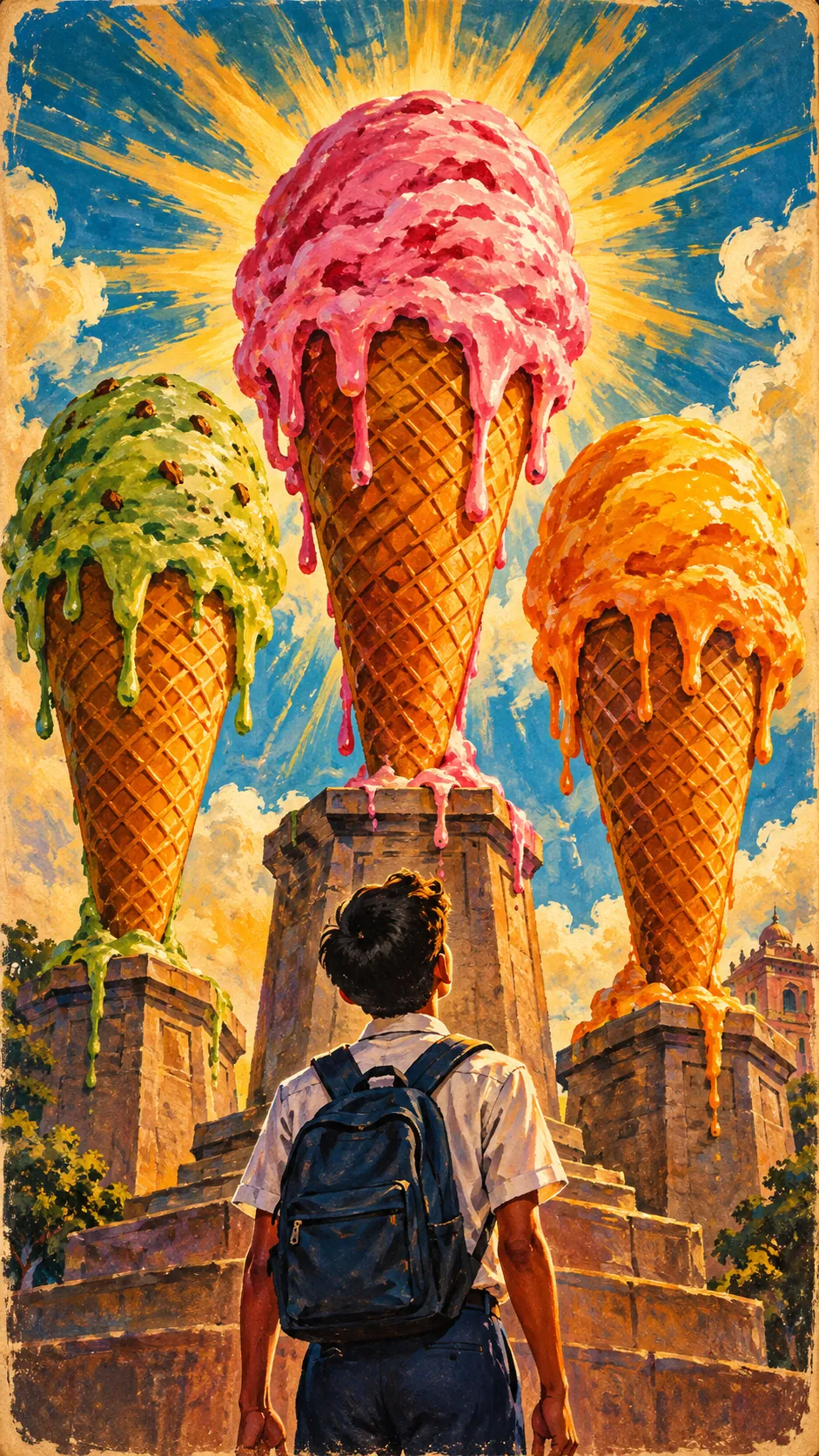 Painting: a schoolboy with a backpack looks up at three giant melting ice-cream cones standing on stone pedestals like monuments.