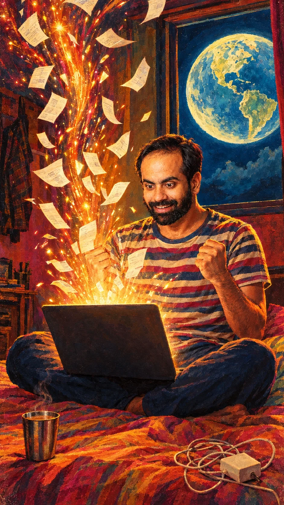 Painting: Gaurav in a striped T-shirt sits cross-legged on a bed with a laptop, fists raised, as sparks and paper sale receipts pour out of the screen under a globe-like moon.