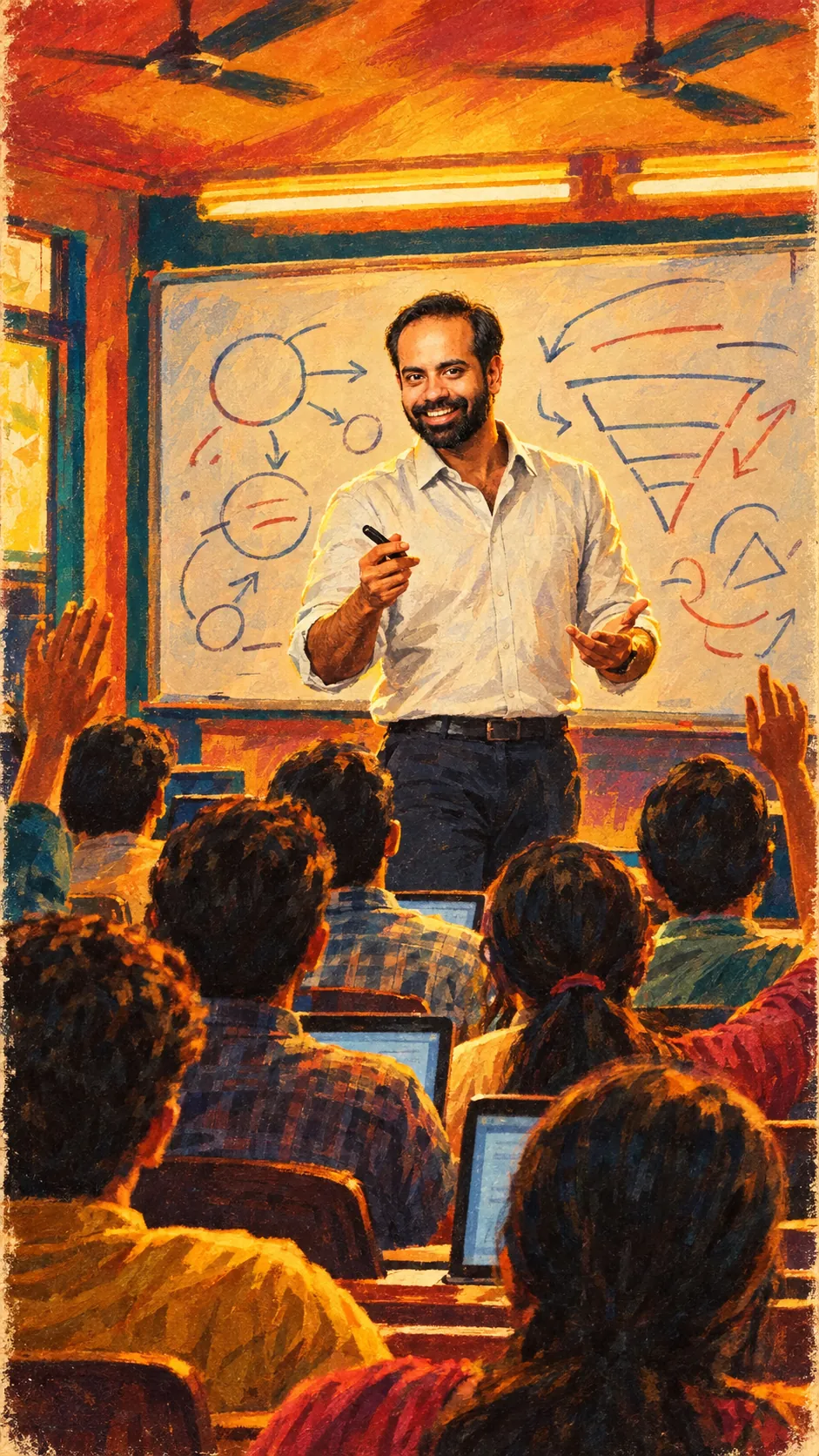 Painting: Gaurav laughs at the front of a packed classroom, marker in hand, students raising their hands.