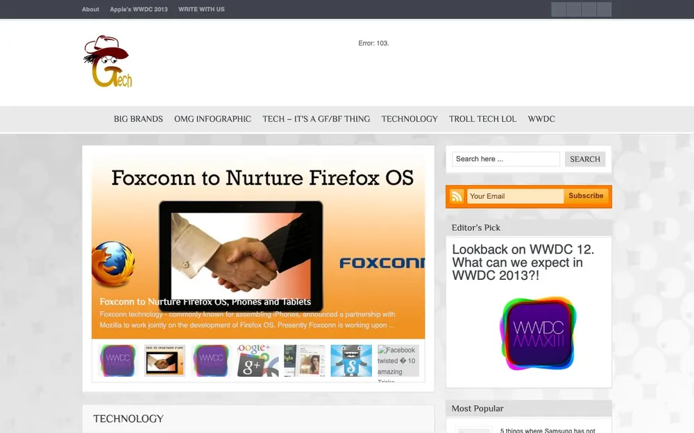 Screenshot of the Geekotech blog homepage as it looked in June 2013