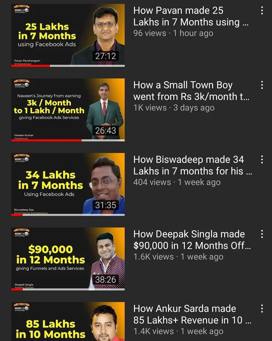 Screenshot: a list of student success interviews on YouTube with their results