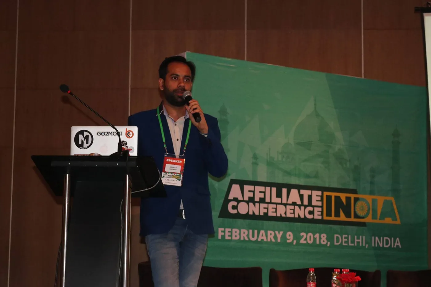 Gaurav speaking with a microphone at Affiliate Conference India, 9 February 2018, Delhi